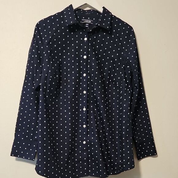 Lands' End Navy Polka Dot Button-Up Shirt - Picture 1 of 6
